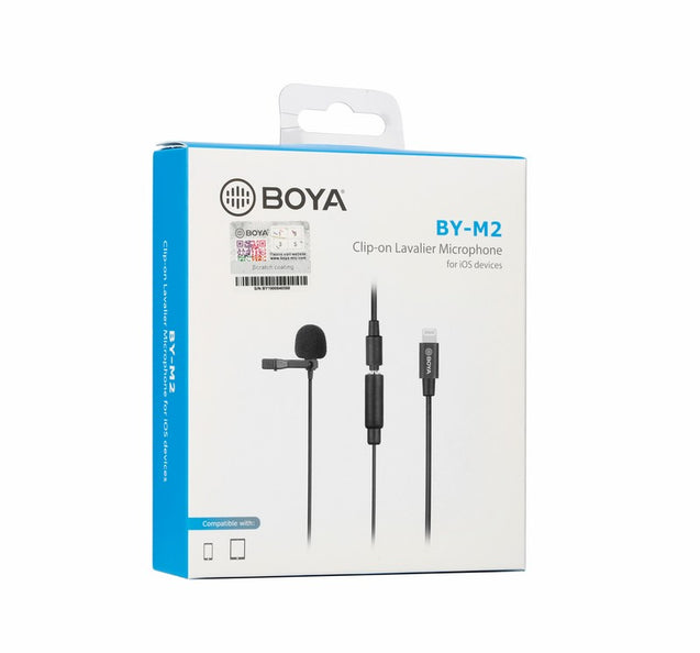 GadgetiCloud BOYA BY-M2 Clip-on Lavalier Microphone for iOS devices iPhone iPad lightning port vlogs presentations recording interview recording audio shooting video application packaging