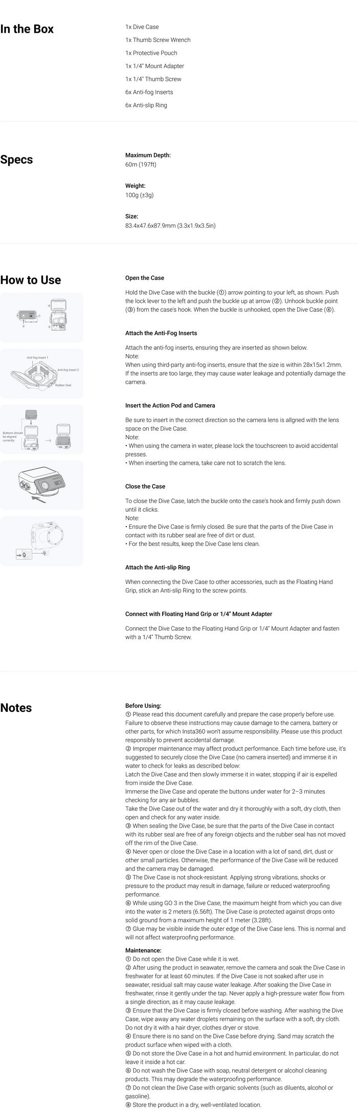 Insta360 Go 3 Dive Case Spec