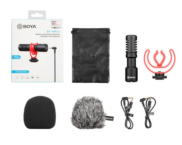 GadgetiCloud BOYA BY-MM1+ Super-cardioid Condenser Shotgun Microphone compatible for smartphones, tablets, DSLRs, consumer camcorder PCs with furry windshield foam windshield durable mental construction with anti-shock mount package content