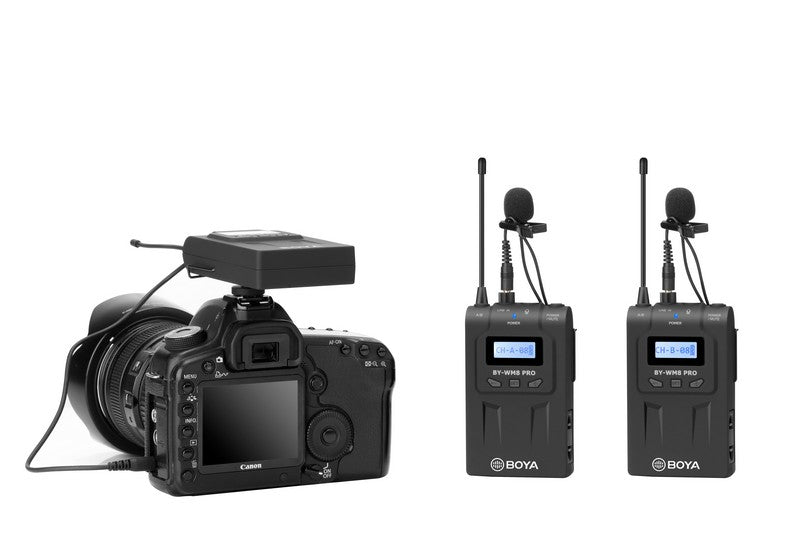 BOYA BY-WM8 PRO UHF Dual-Channel Wireless Microphone System LCD display PLL-synthesized tuning capturing audio with dual subjects filming interview application with camera DSLRs