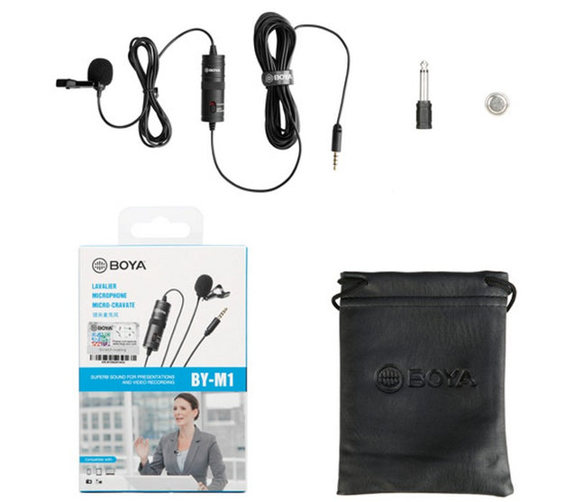 BOYA omni directional lavalier microphone BY-M1 for smartphone PC camera video use package content