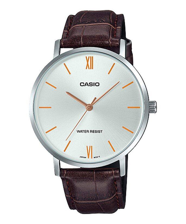 CASIO Men's Minimalistic Silver Dial Brown Leather Band Analog Watch #MTP-VT01L-7B2UDF