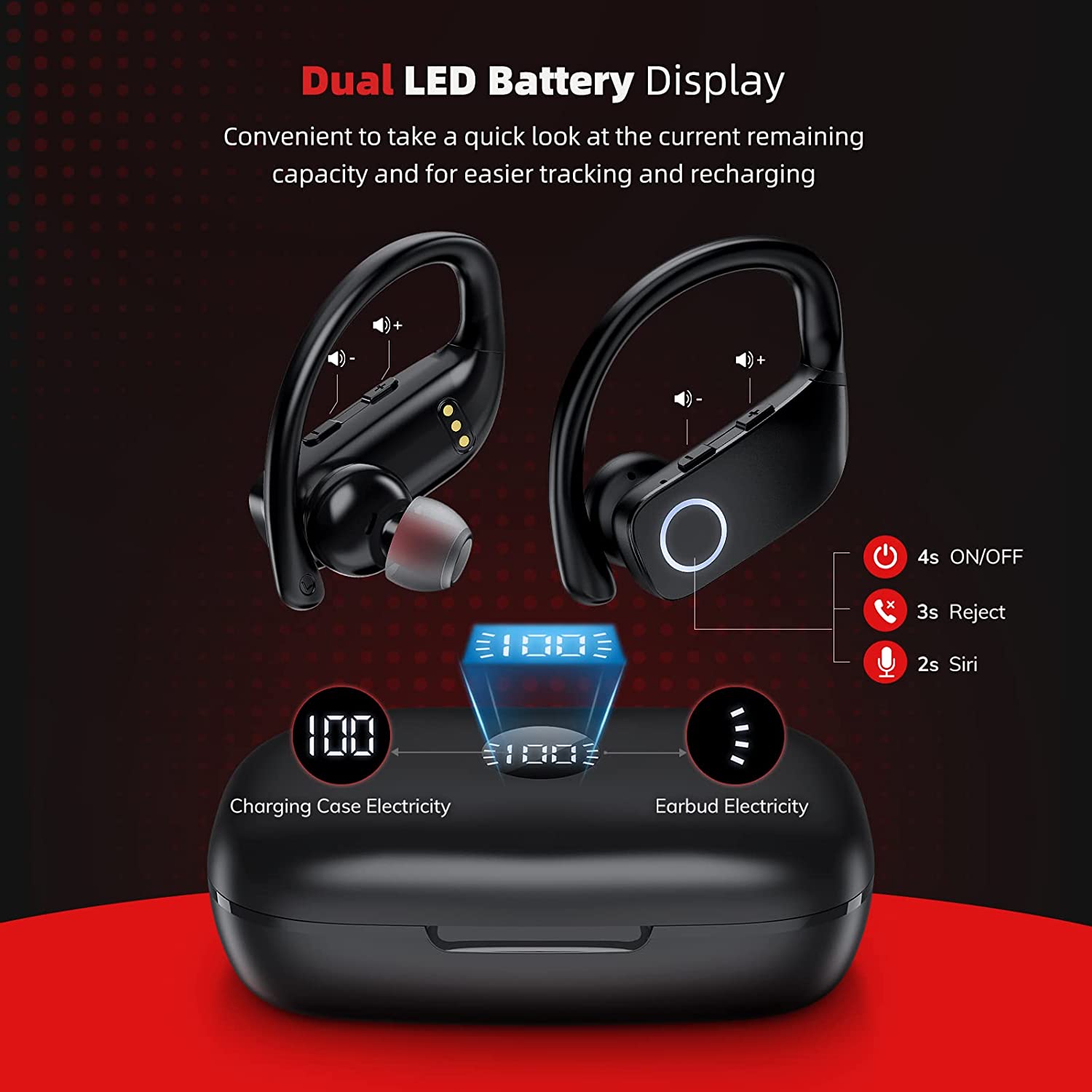 Bluetooth Headphones, Wireless Earbuds with LED Power Display, Up To 100H Playtime Wireless & Type-C Charging Wireless Headsets for Sports Exercise