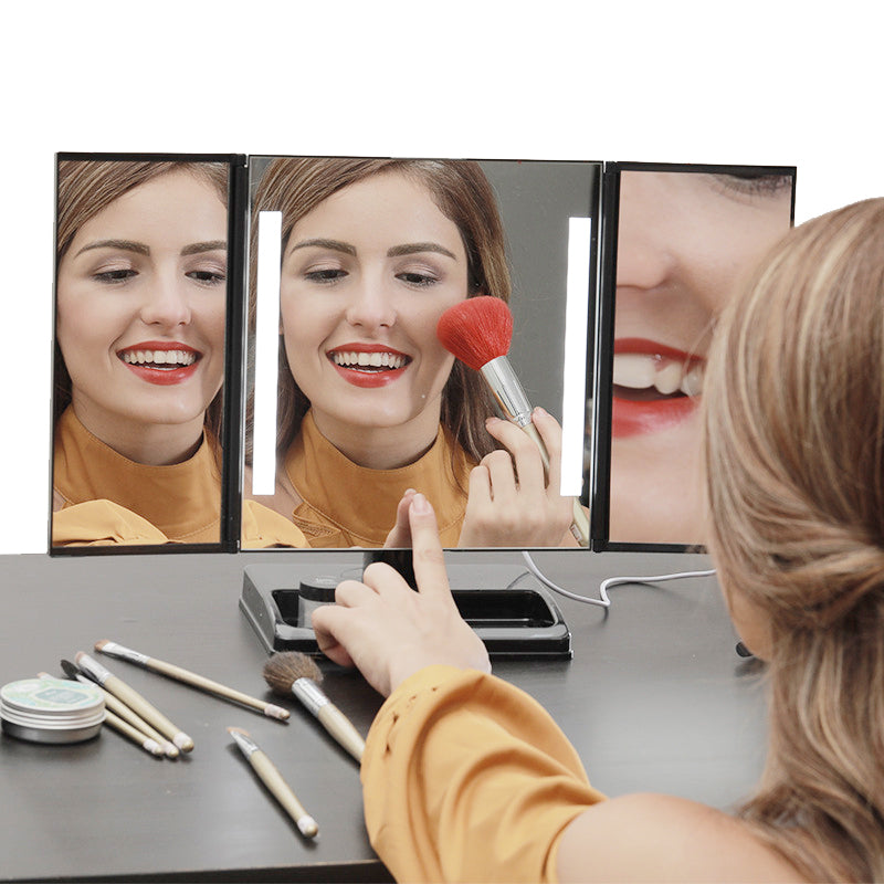 LED Lighted 3-fold Desktop Makeup Vanity Mirror - 10X Magnification - GadgetiCloud